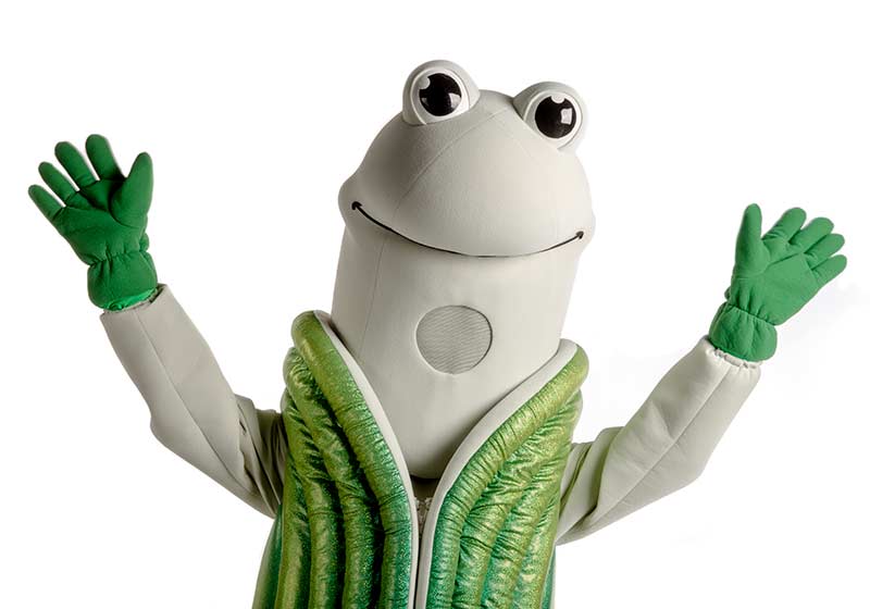 Image of Speedy the Geoduck, Evergreen's athletic mascot raising his hands in surprise