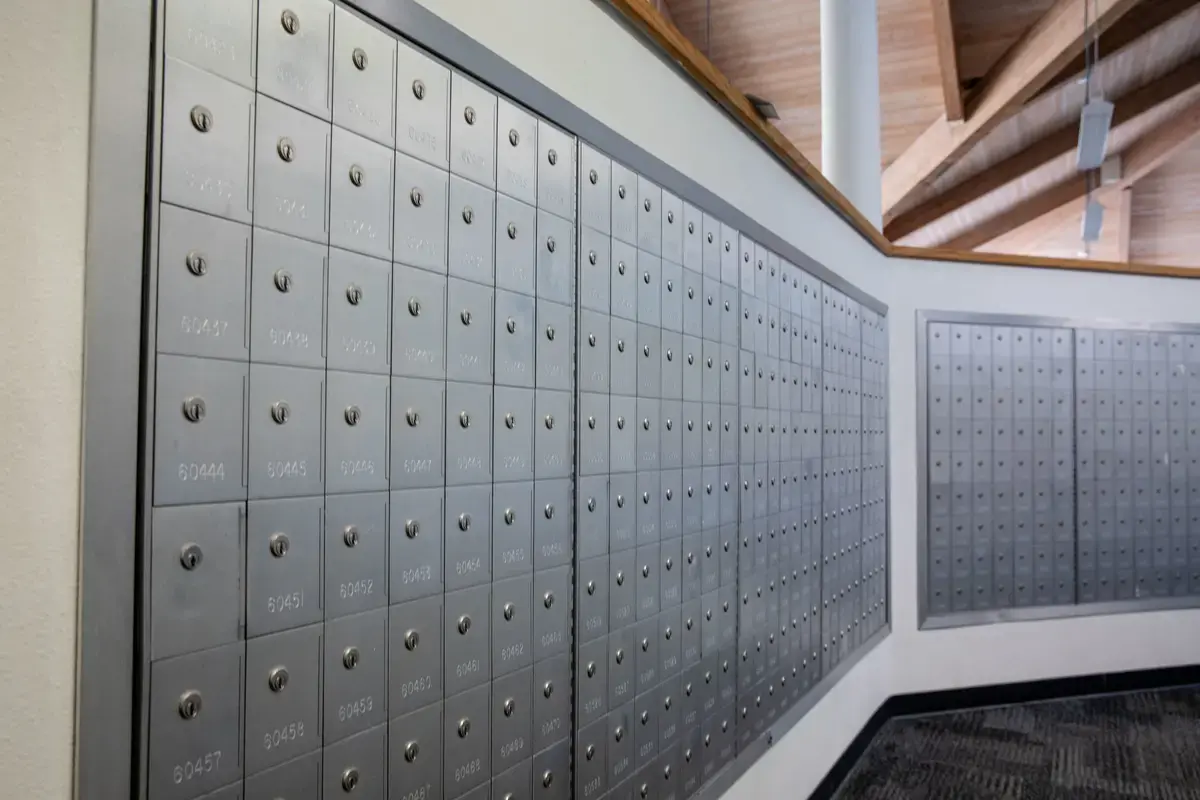 Rows of mail boxes lining two walls