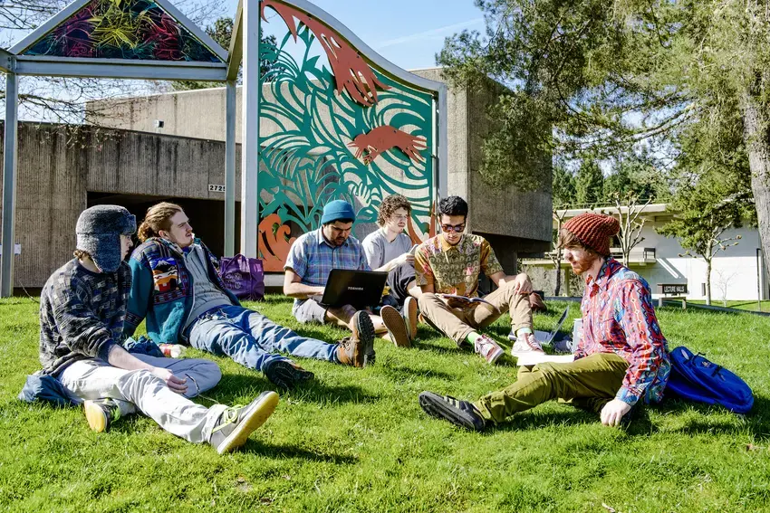 Group of student sitting in the grass talking together