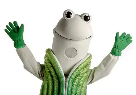 Costume speedy geoduck mascot waving with both hands, wearing green gloves